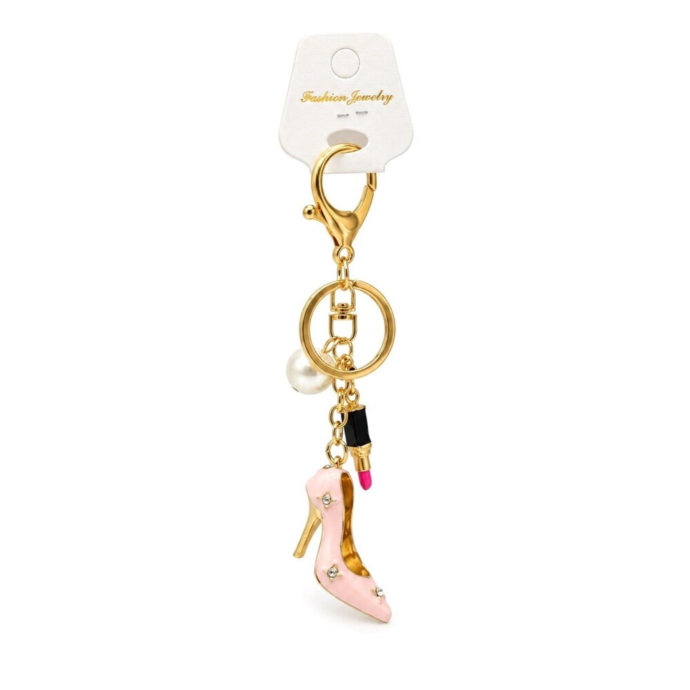 Pink High Heel Lipstick Purse Bag Charm Keychain Pearl Rhinestone Gold Luxe NEW - Picture 7 of 9